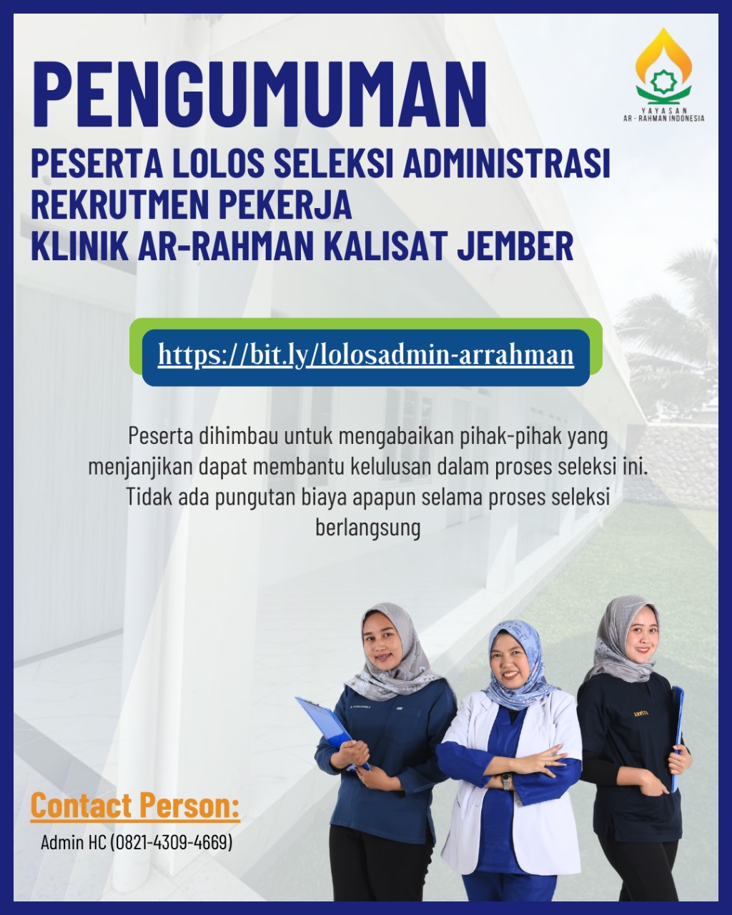 You are currently viewing Pengumuman Peserta Lolos Seleksi Administrasi Rekrutmen Pekerja Klinik ArRahman Kalisat Jember